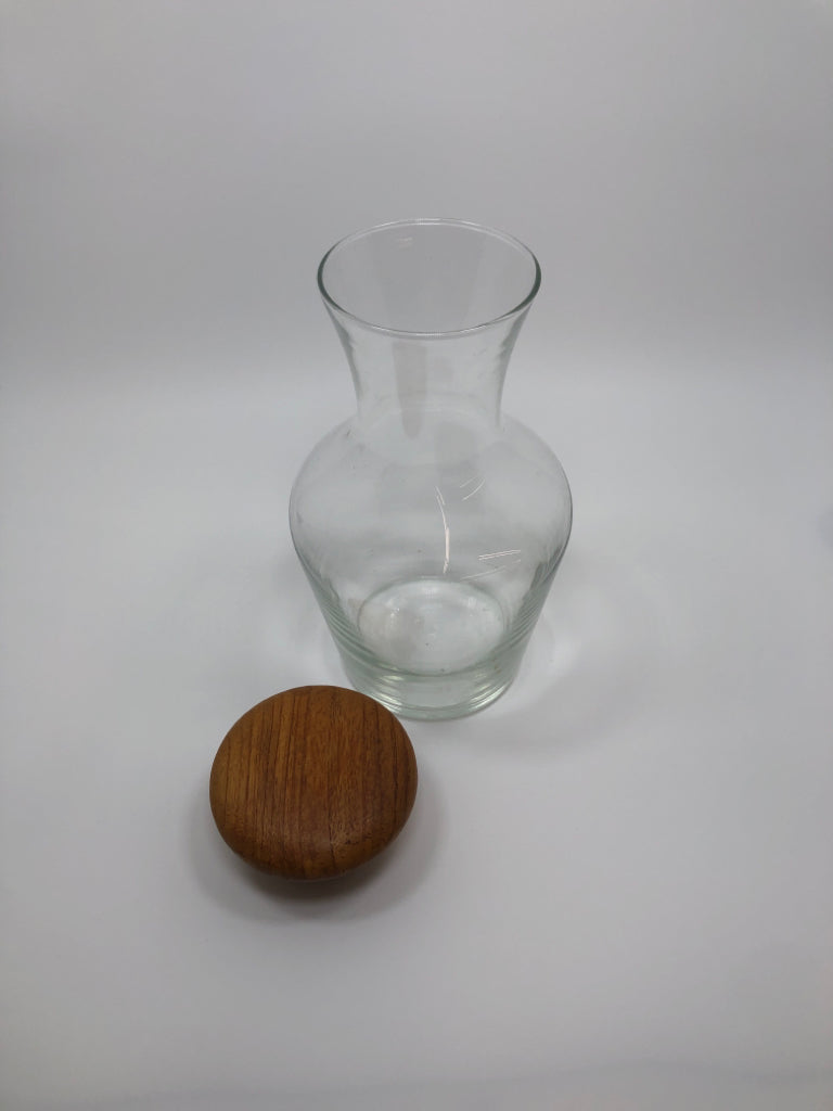 GLASS BOTTLE W/TEAK WOOD LID.