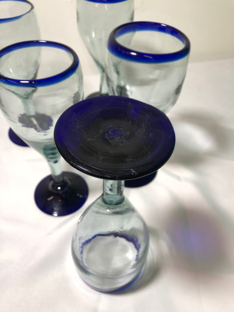 5 BLOWN GLASS WHITE GLASSES BLUE RIM/BOTTOM.