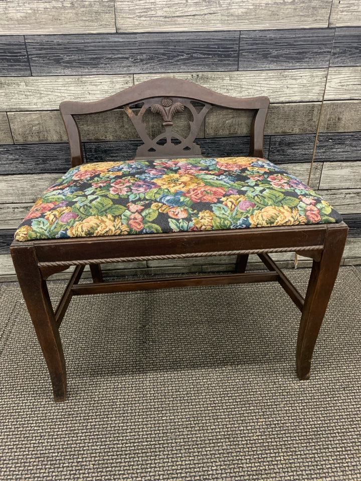 VTG FLORAL UPHOLSTERED VANITY BENCH DARK WOOD.