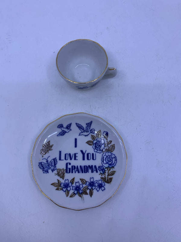 "I LOVE YOU GRANDMA" MINI  BLUE TEA CUP AND SAUCER.