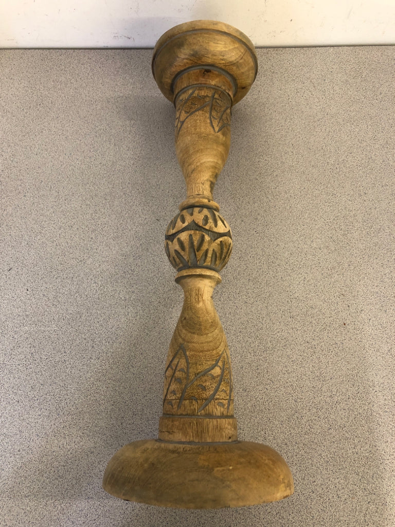 LARGE WOOD PILLAR CANDLE HOLDER W/ CARVINGS.
