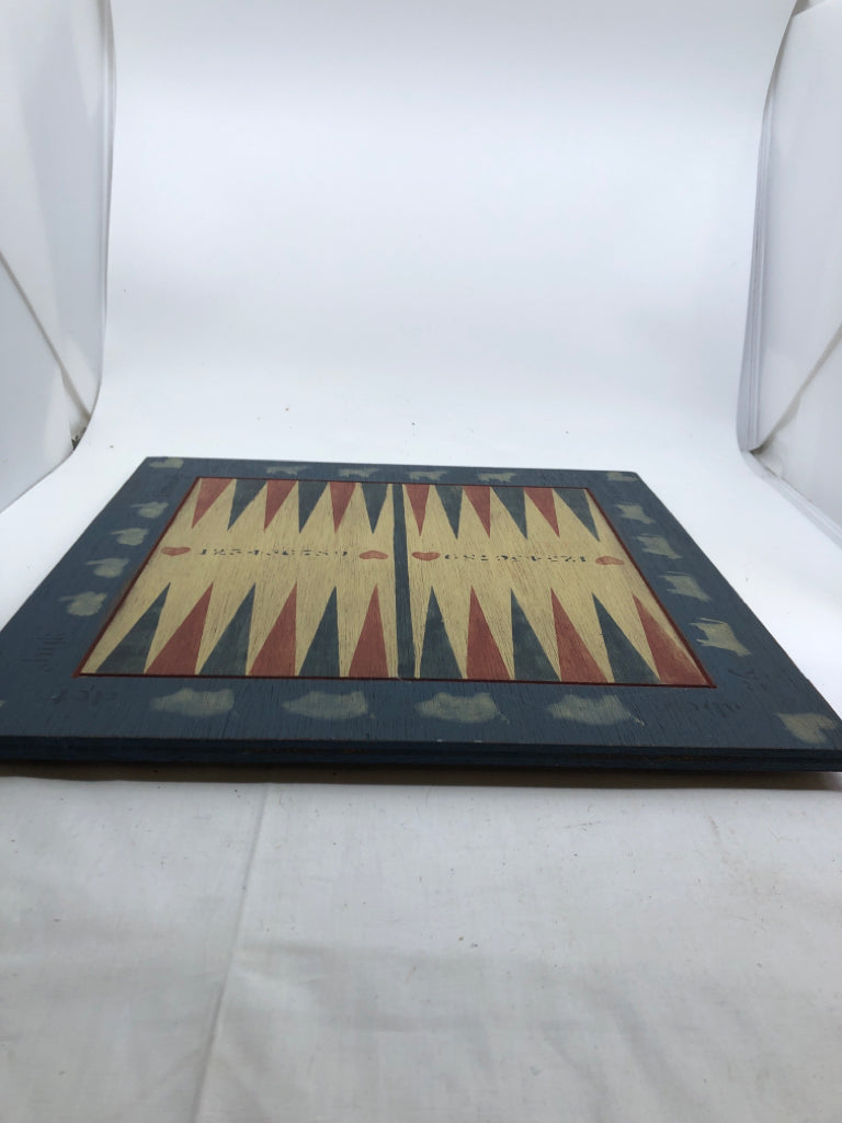 BLUE AND RED DECORATIVE PRIMITIVE GAME BOARD.