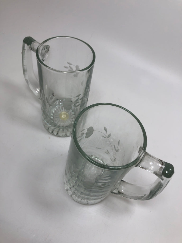 2 HERITAGE CRYSTAL STEIN W/ETCHED FLOWERS.