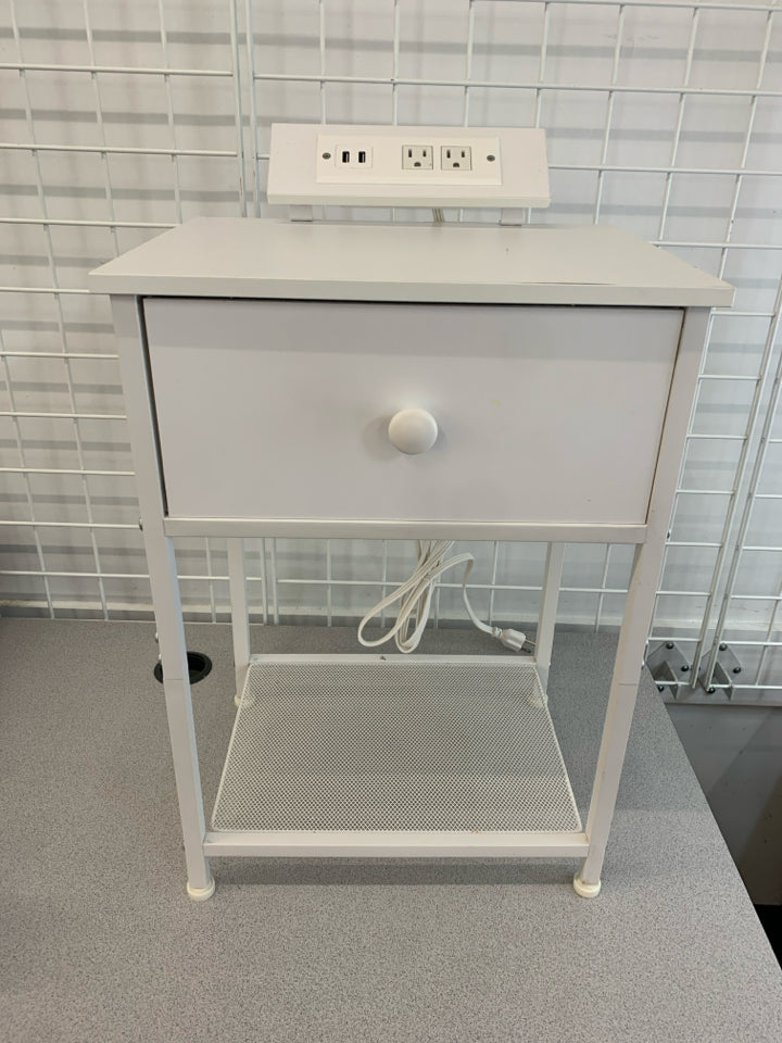 WHITE METAL FRAME NIGHTSTAND W/FABRIC DRAWER POWER OUTLET.