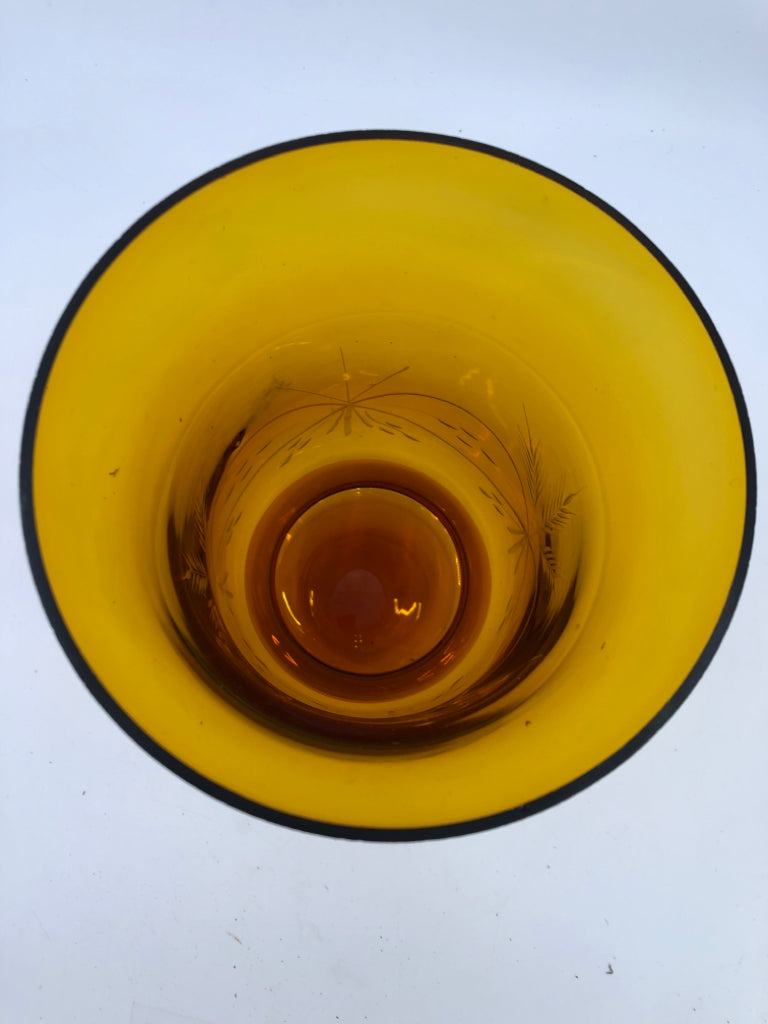 AMBER GLASS VASE W/ETCHED WHEAT DESIGN.