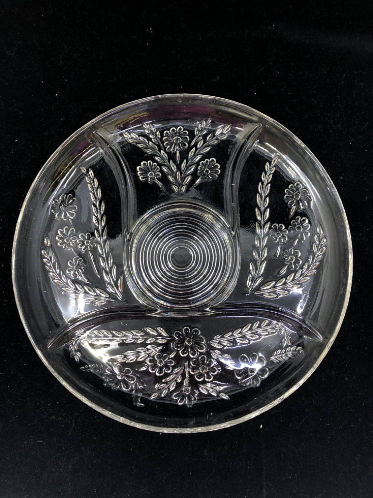 GLASS DIVIDED PLATTER W/ ETCHED FLOWERS.