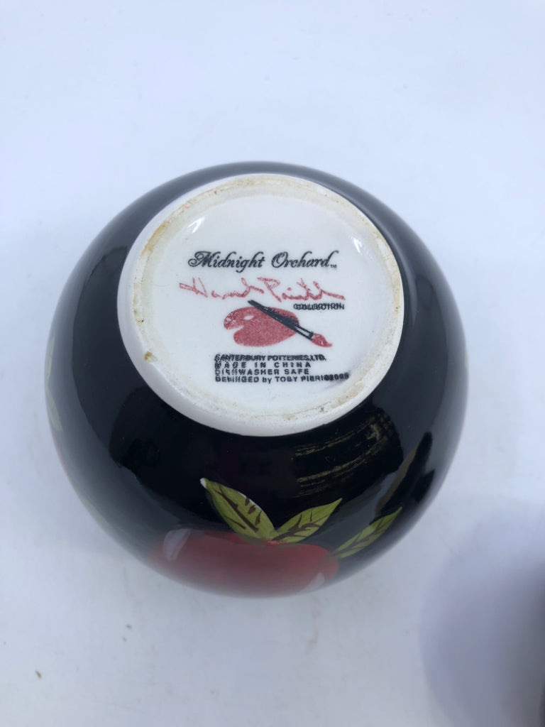 3 BLACK CANISTERS W/ PAINTED RED APPLES/BRANCHES.