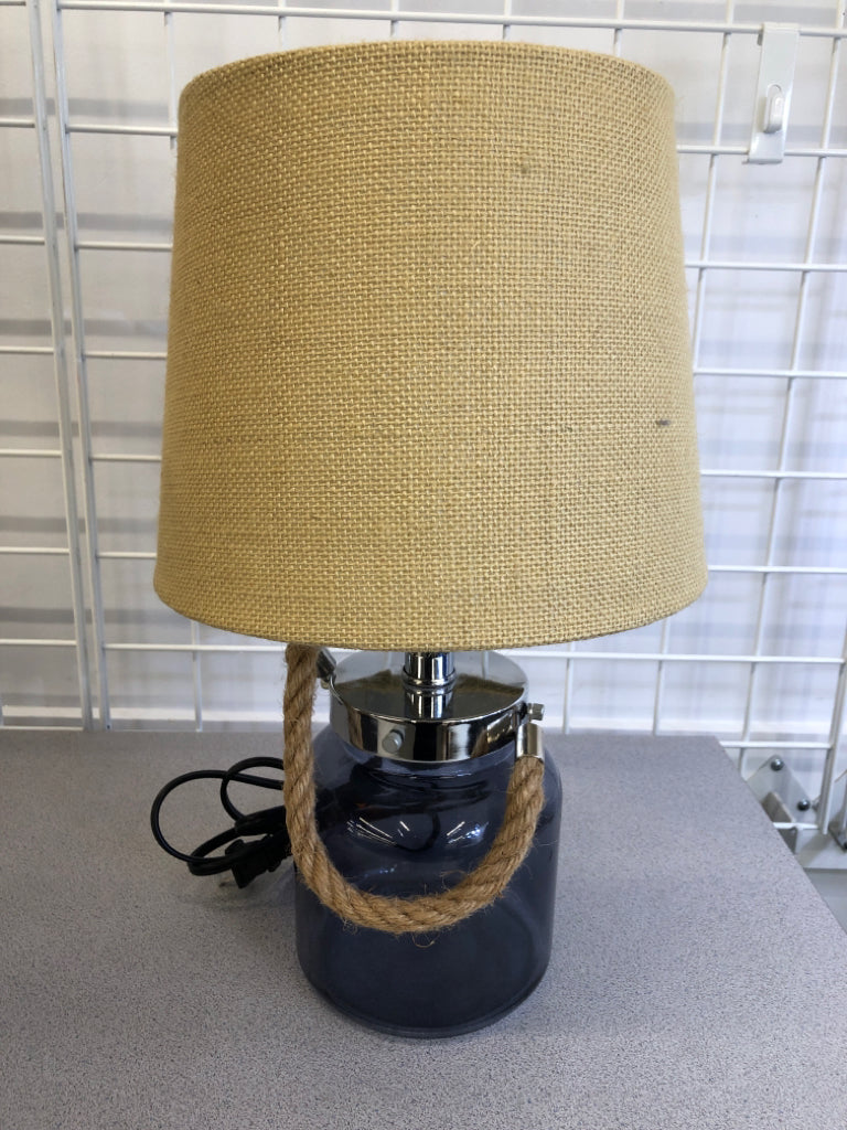 BLUE GLASS LAMP W/ROPE & BURLAP STYLE SHADE.