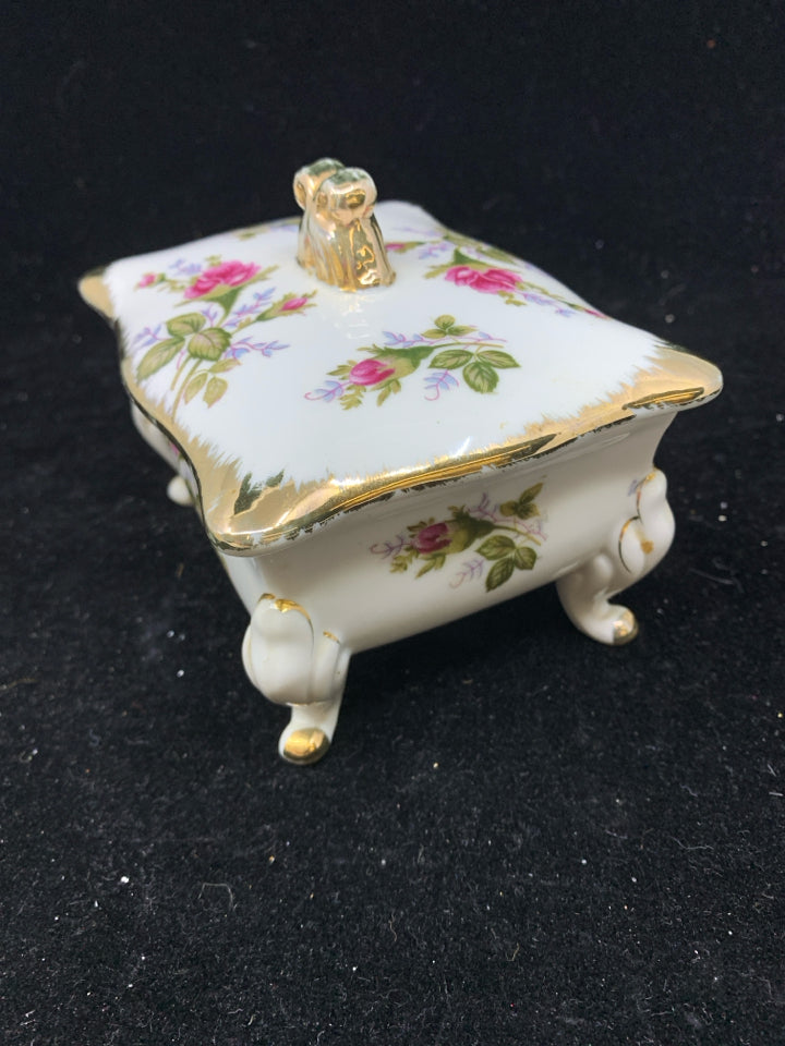 VTG ROSE W GOLD FOOTED TRINKET BOX AND LID.