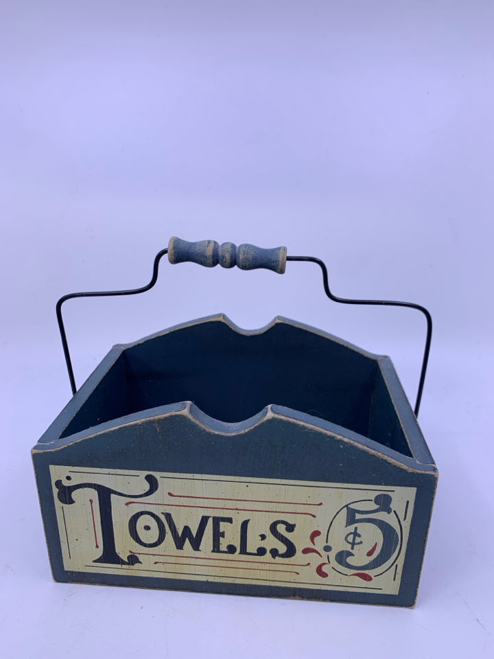 BLUE TOWEL WOOD BASKET W/ HANDLE.