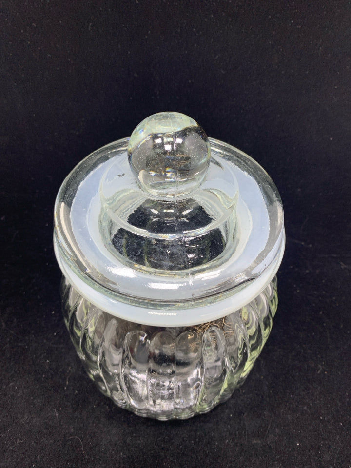 RIBBED GLASS JAR W/LID.