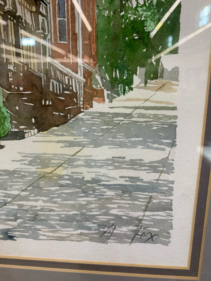 FRAMED WATER-COLOR CITY SCENE.