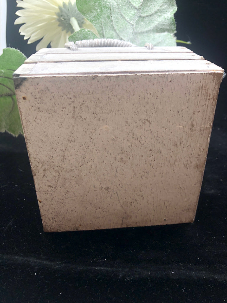 WHITE FLOWERS W/FUZZY LEAVES IN BOX PLANTER.