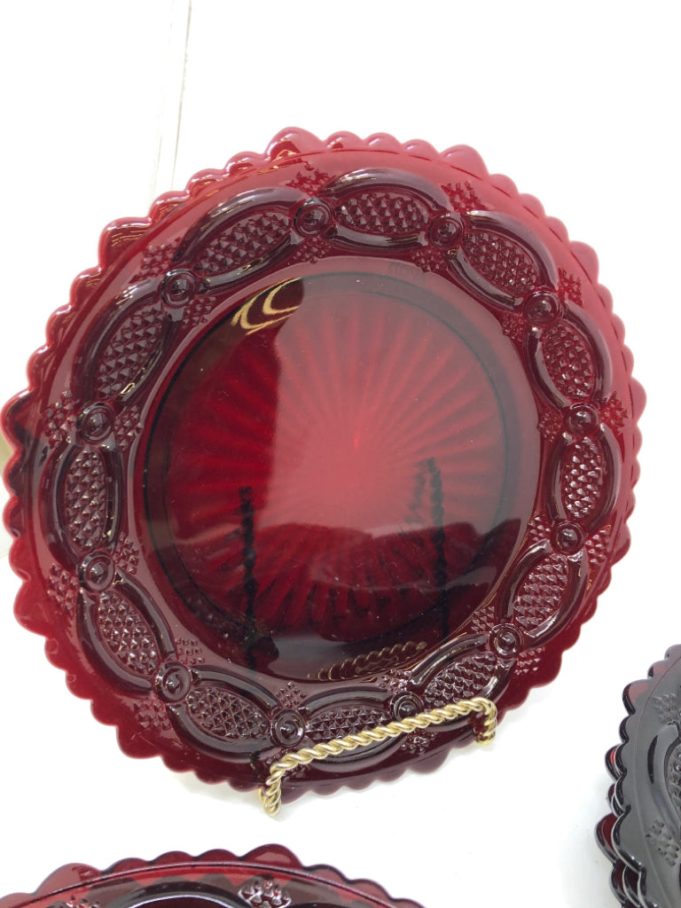 8 VTG AVON CRANBERRY GLASS SIDE PLATES.