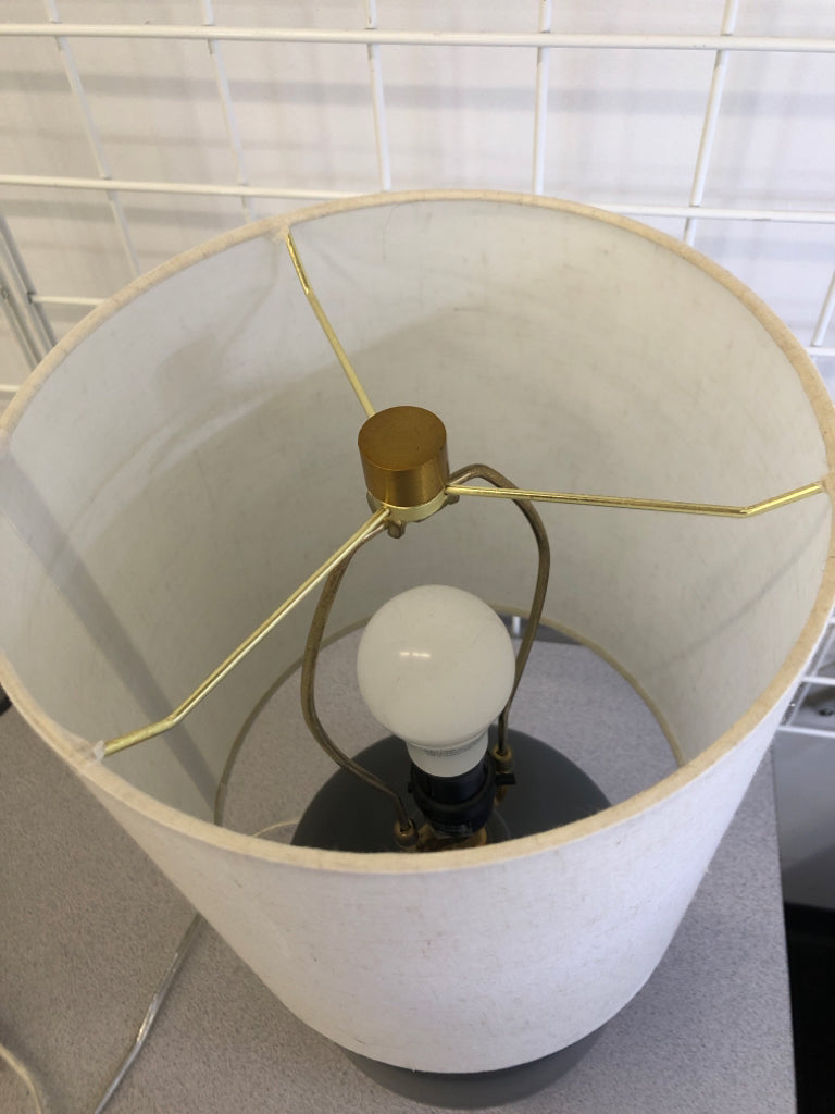 SMALL GRAY CERAMIC LAMP W/WOOD BASE + WHITE SHADE.