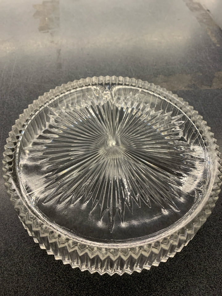 VTG DIVIDED ETCHED GLASS DISH W/SILVER LID.