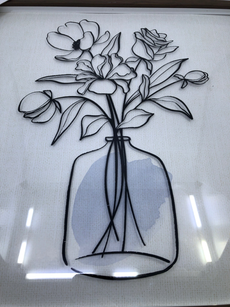 FLOWER LINE WORK WALL ART IN WOOD FRAME.