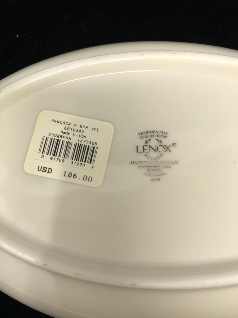 LENOX HANCOCK OVAL SERVING DISH W/SILVER RIM.
