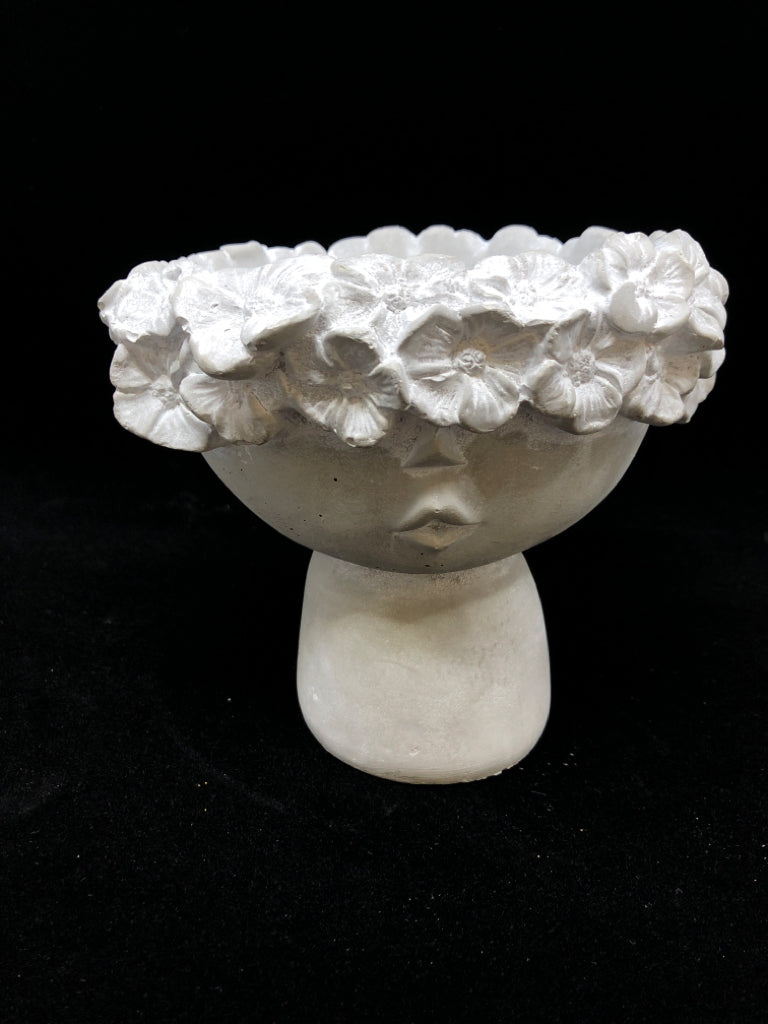 CEMENT LADY PLANTER W/FLORAL CARVED EDGE.