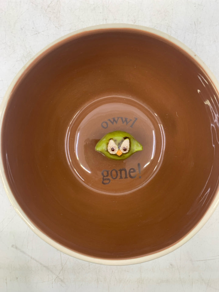 WHITE OUTSIDE BROWN INSIDE BOWL W/ OWL IN CENTER.