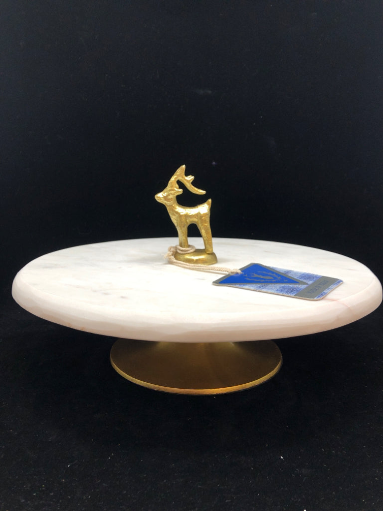 HEAVY MARBLE DESSERT TRAY W/GOLD BASE AND REINDEER TOPPER.