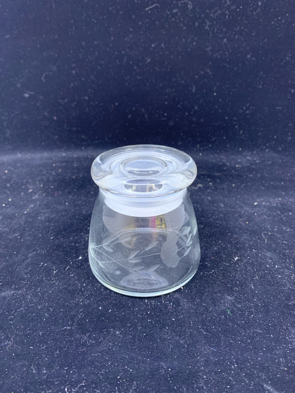 SMALL ETCHED FLOWER GLASS JAR.