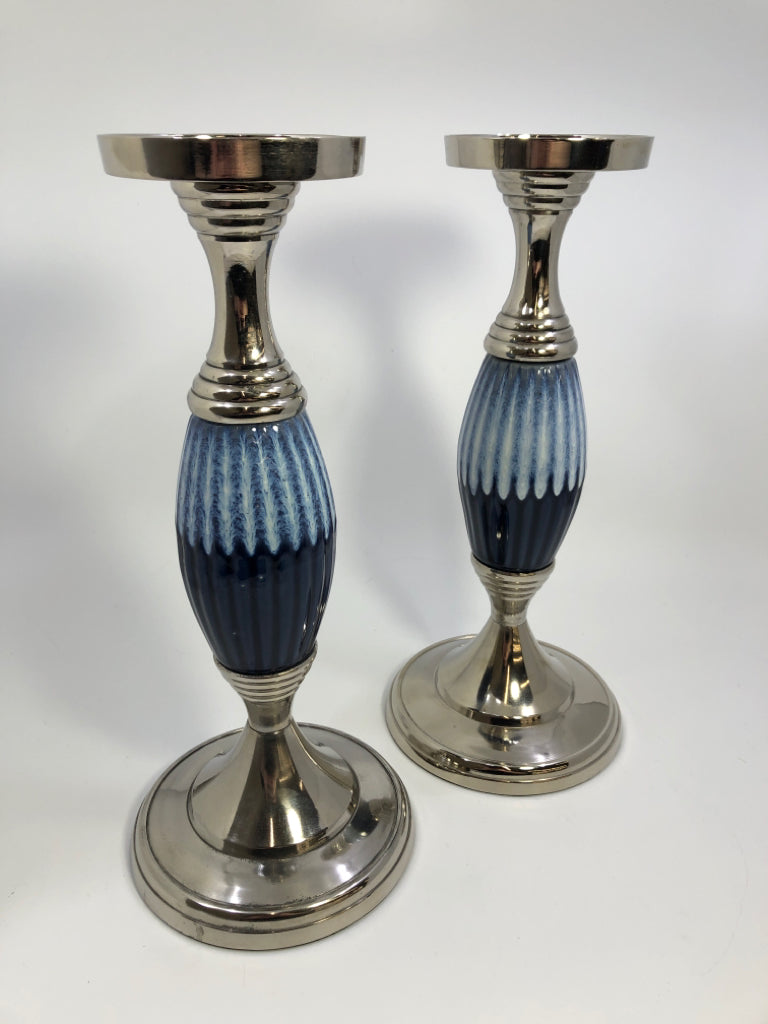 2PC BLUE & WHITE DIPPED SILVER CANDLESTICK HOLDER.