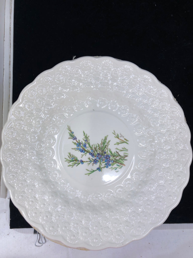 VTG 13 WHITE EMBOSSED FLORAL PLATES.