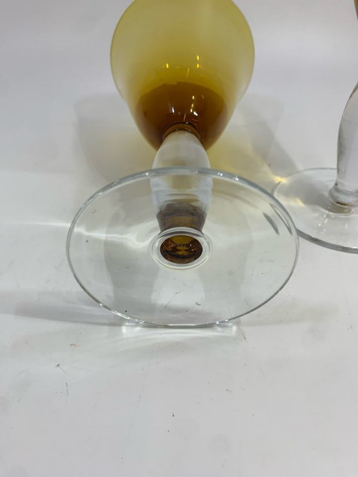 2PC AMBER GLASS WATER GOBLETS W/CLEAR CLASS BASE.