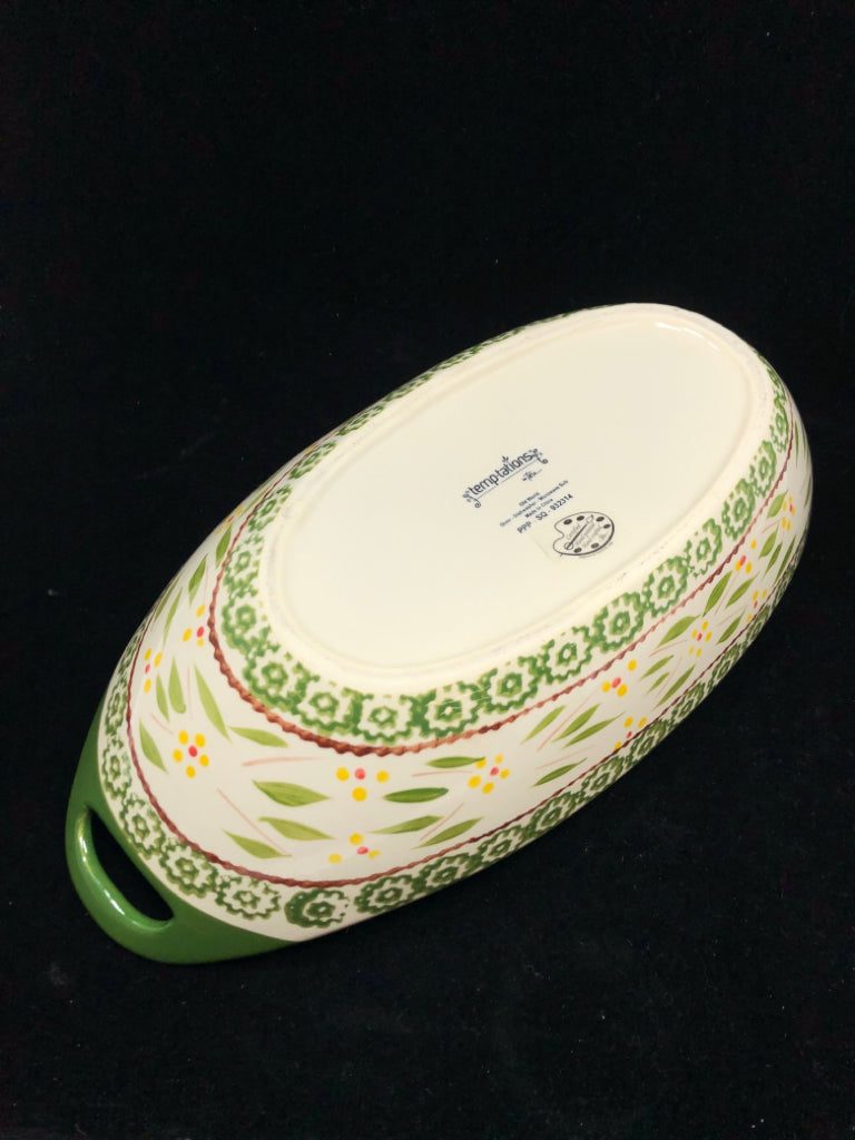 GREEN FLORAL TEMPTATIONS OVAL BOWL W/HANDLES.