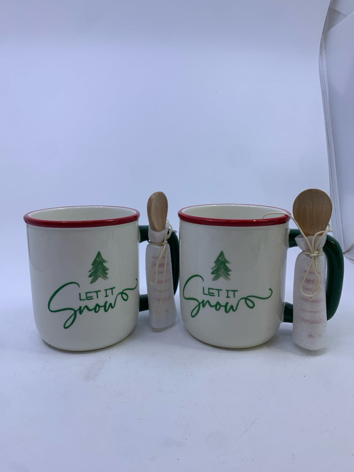 2 LET IT SNOW MUGS W WOOD SPOONS.