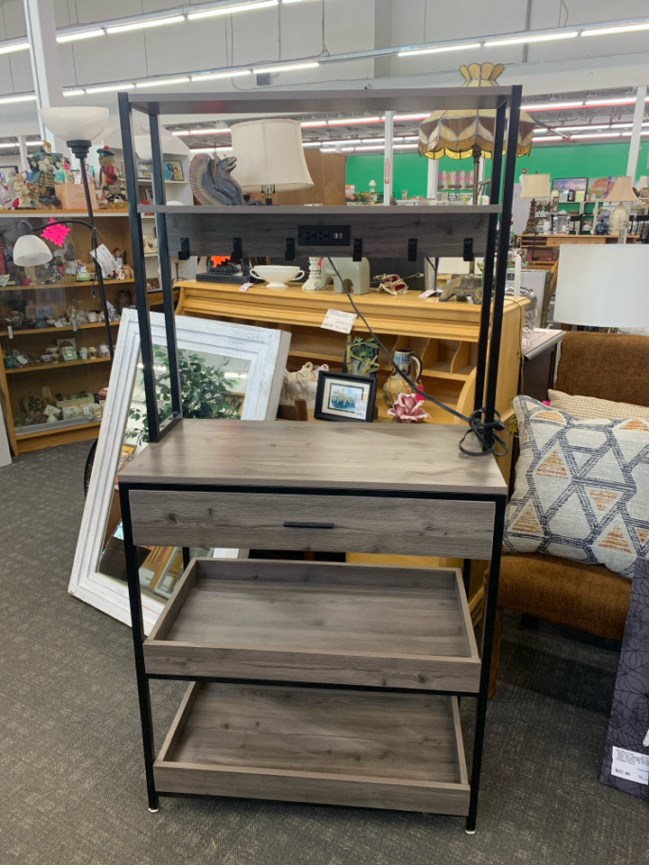 RUSTIC GREY, BLACK METAL BAKERS RACK- PLUG/USB OUTLETS.