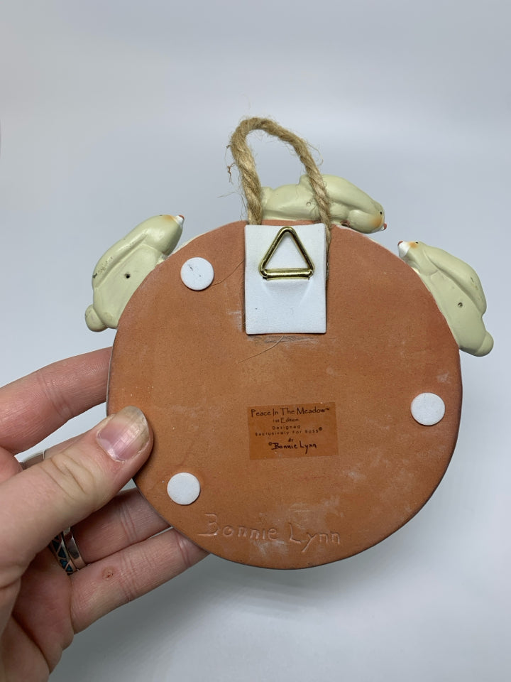 CREAM EMBOSSED SNOWMAN CIRCLE PLAQUE W/ BUNNIES PEACE IN THE MEADOW BONNIE LYNN.