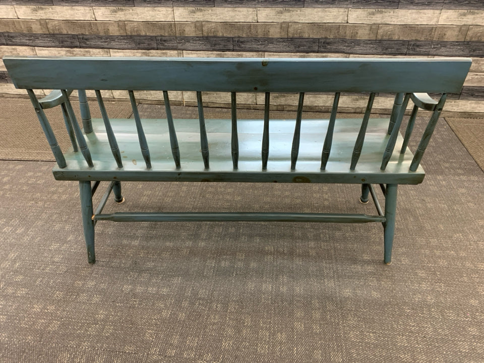 BLUE PAINTED SPINDLE BACK WOOD ENTRY BENCH.