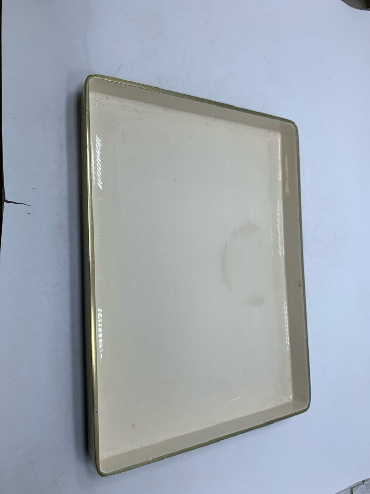 GOLD METAL W/ CREAM RESIN POUR INTERIOR DECORATIVE TRAY.