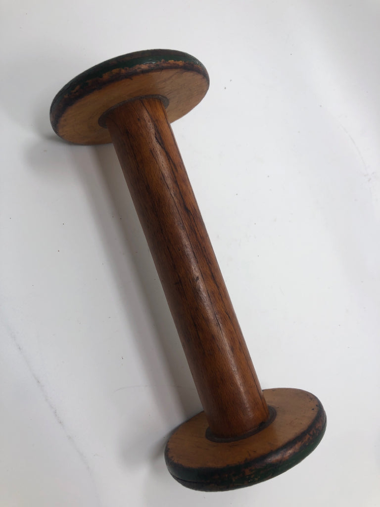 VTG GREEN WOODEN INDUSTRIAL YARN SPINDLE.
