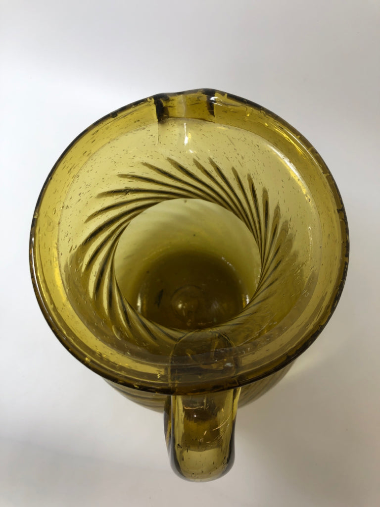 GREEN GLASS RIBBED PITCHER.
