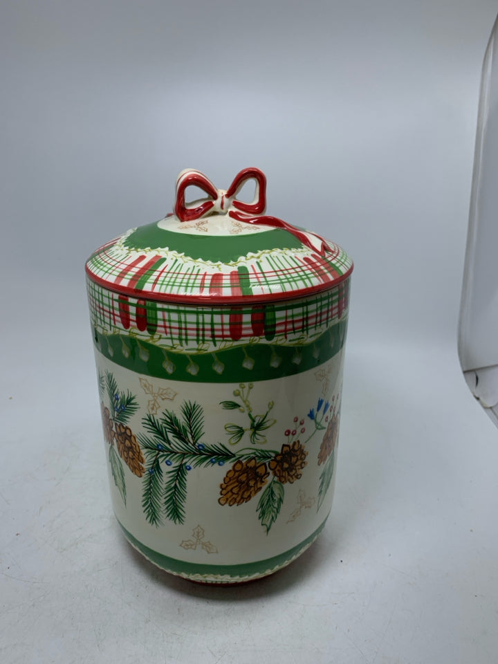 PLAID COOKIE JAR W/ PINECONES AND BOW HANDLE.