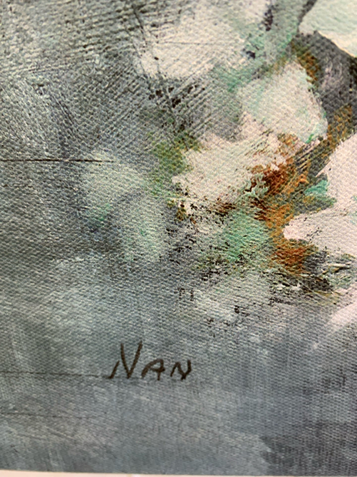 DOGWOOD TREE CANVAS PRINT TEAL BACKGROUND.