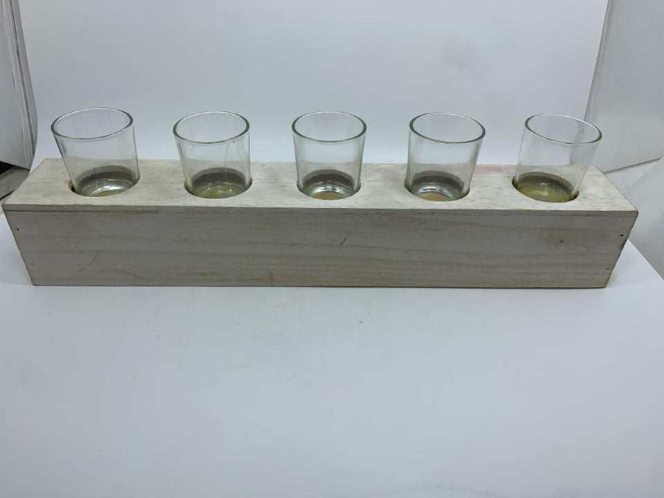 FARMHOUSE STYLE VOTIVE HOLDERS W/LIGHT WOOD BASE.