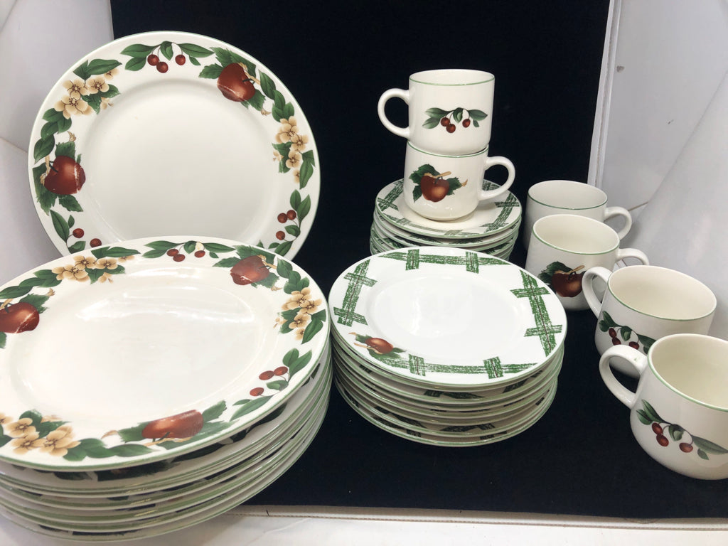 32 PC FLORAL + APPLE DESIGN DISH SET.