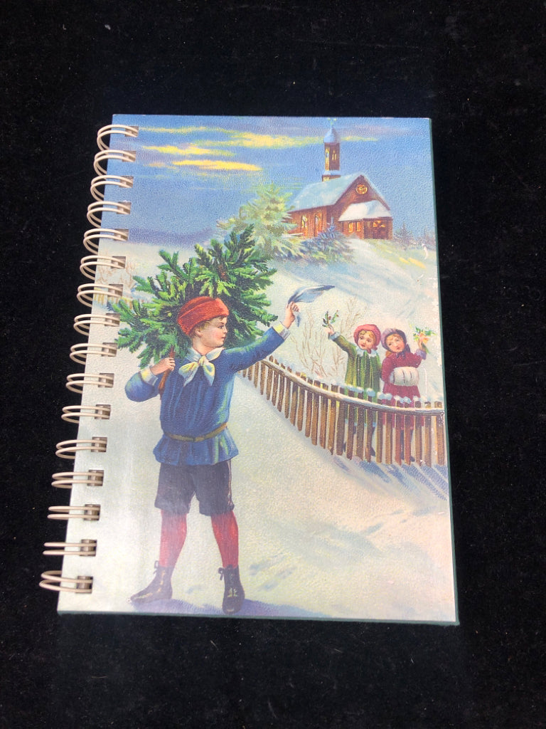 HOLIDAY NOTEBOOK BOY HOLDING TREE WAVING TO CHILDREN.