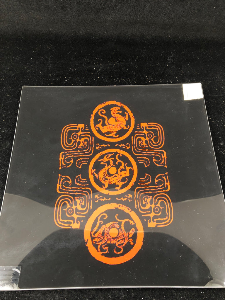 BLACK GLASS RED DRAGON SERVING PLATE.