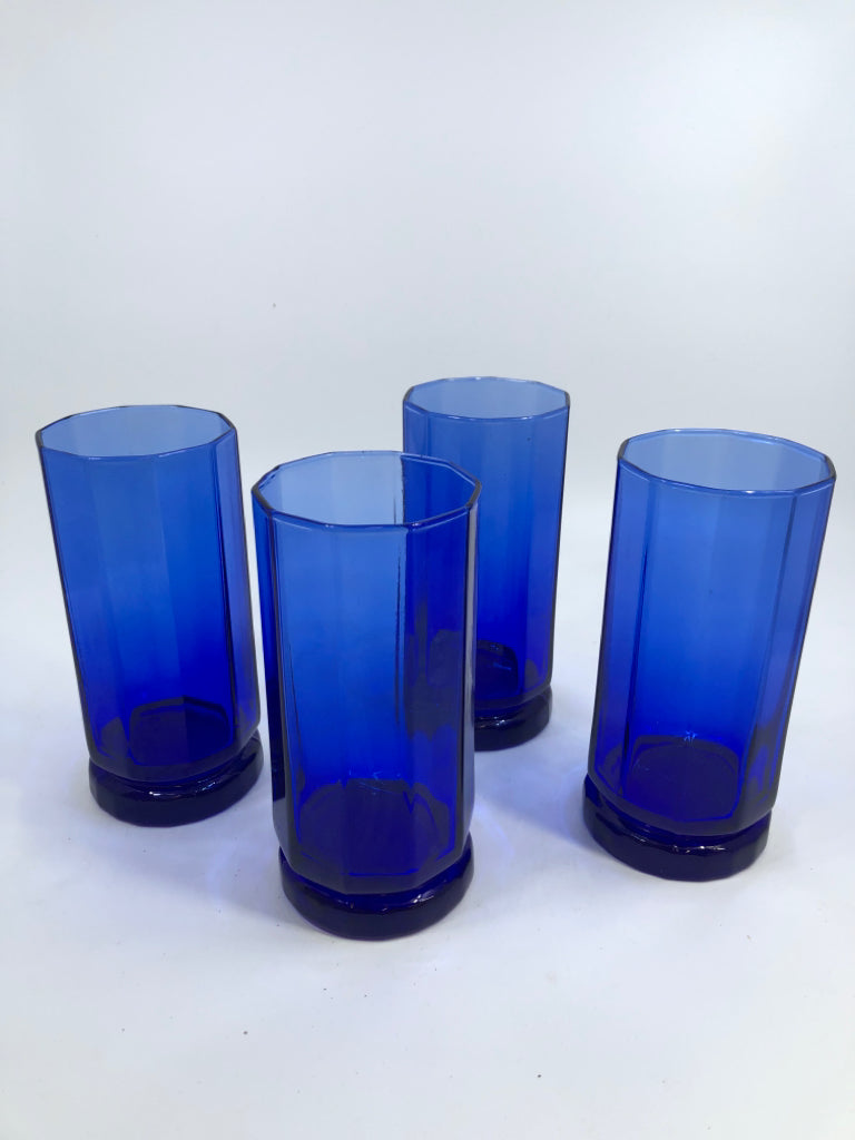 4PC BLUE GLASS DECAGON GLASSES W/DIP AT BOTTOM.