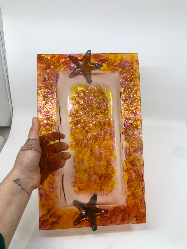 ORANGE RECTANGLE GLASS TRAY W/SILVER STARFISH.