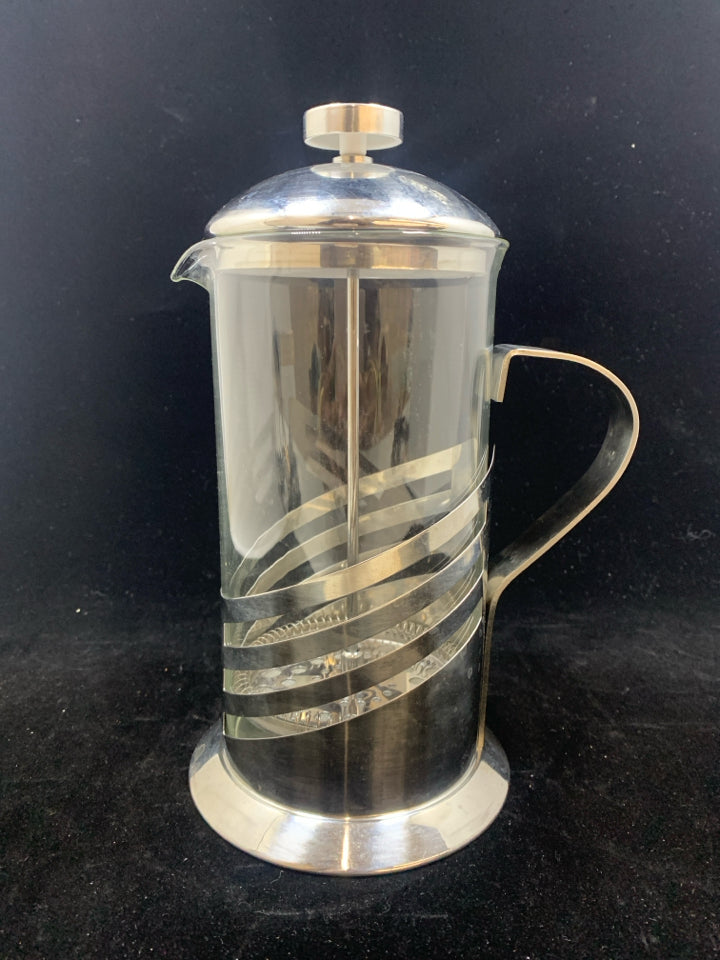 GLASS FRENCH PRESS COFFE POT W/SILVER HANDLE.