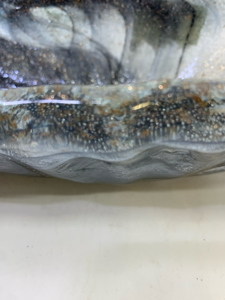 HEAVY BLACK SWIRL OBLONG GLASS CENTERPIECE W/GOLD.