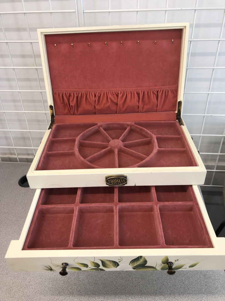 VTG CREAM, GREEN/ FLORAL JEWELRY BOX.
