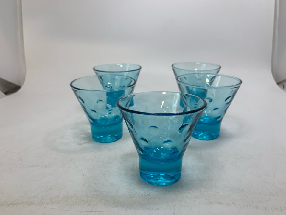5 VTG FOOTED LIGHT BLUE CORDIAL GLASSES W/ EMBOSSED CIRCLES 3 "H