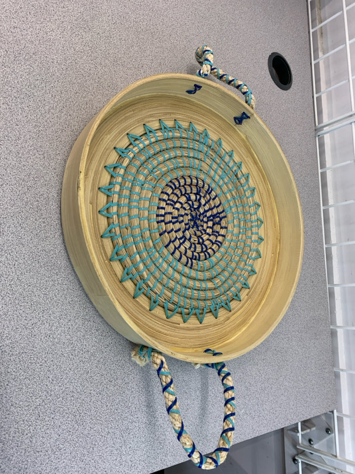 ROUND BAMBOO TRAY W/TEAL WEAVE.